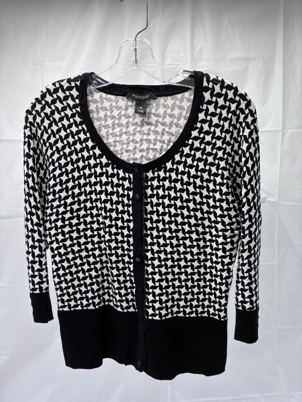 Women's Cardigan, 3/4 Sleeve Black/White with Snap Front w/Lace Edge Detail